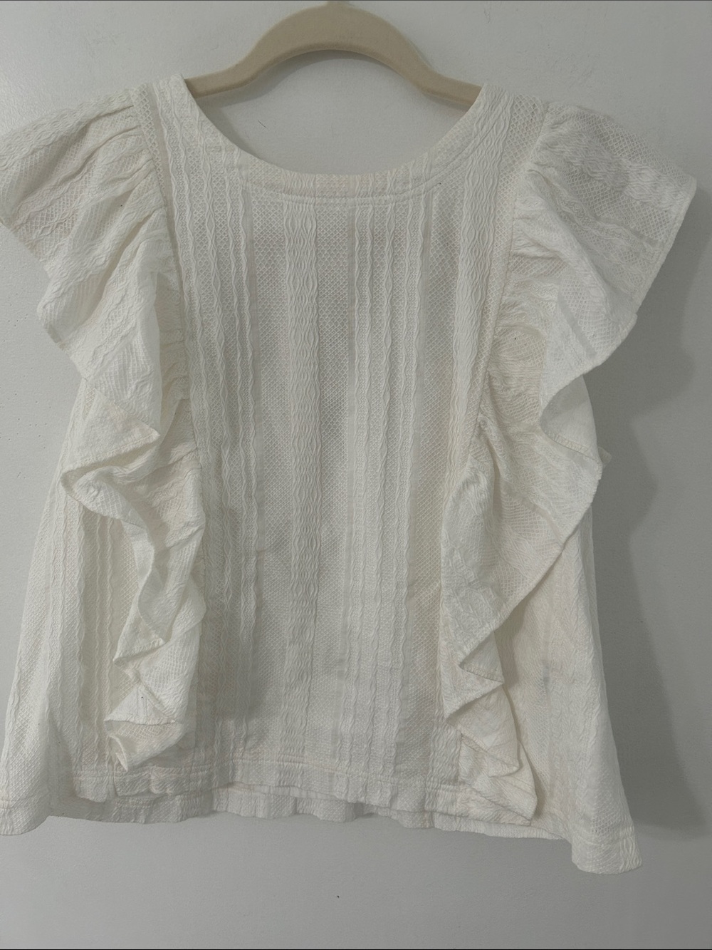 Anthropologie Danya Ruffled Blouse Ivory Size M Textured Feminine Crop Tie Back